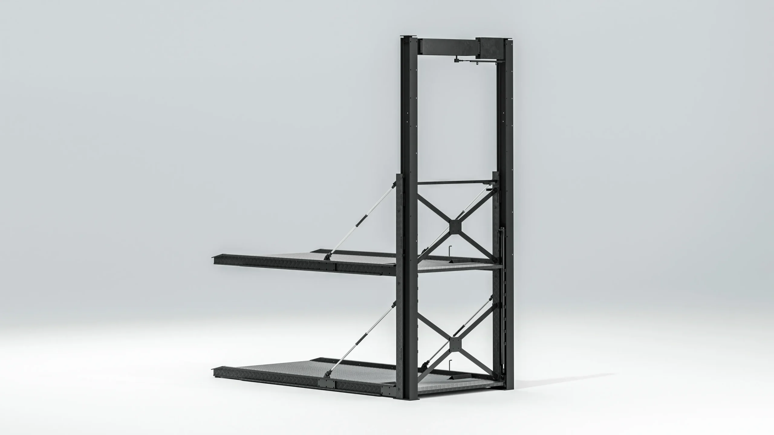 Cantilever pit car parking lift empty frame, front angle view of black steel cantilever pit parking mechanism
