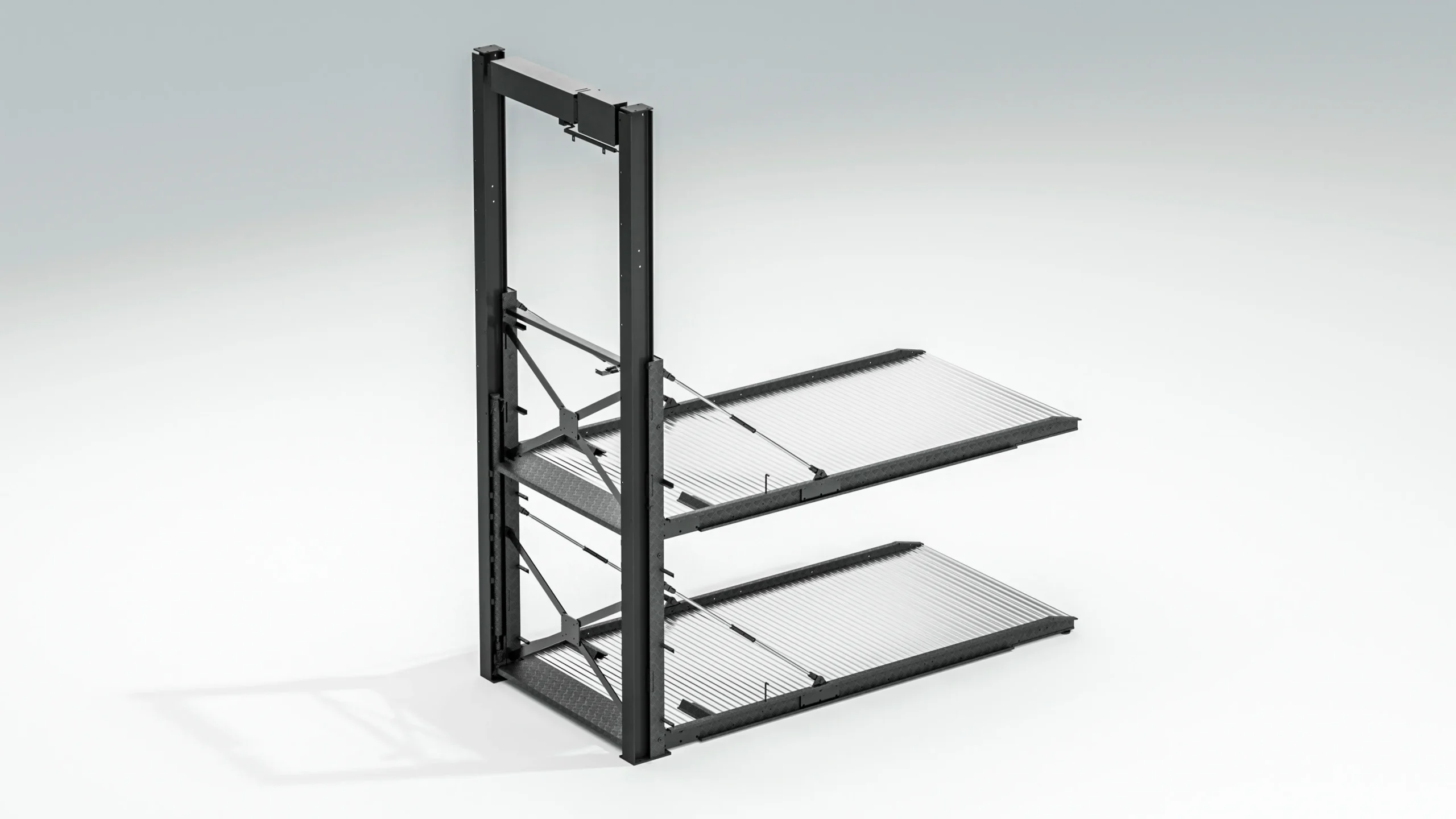 Cantilever pit car parking lift empty frame, front-side view of black steel cantilever pit parking equipment`