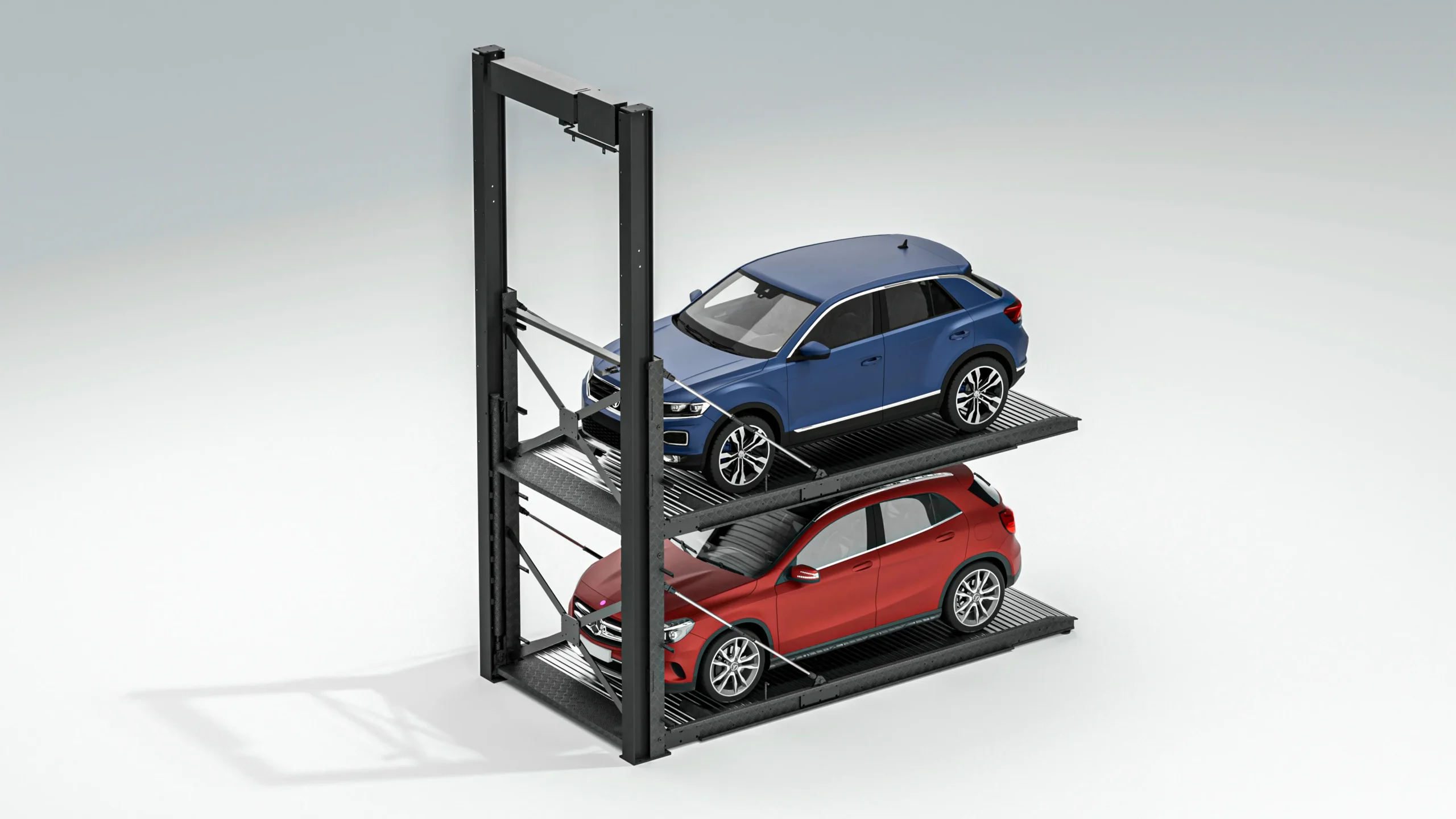 Cantilever pit car parking lift with SUVs, front view of two-level automated cantilever parking solution