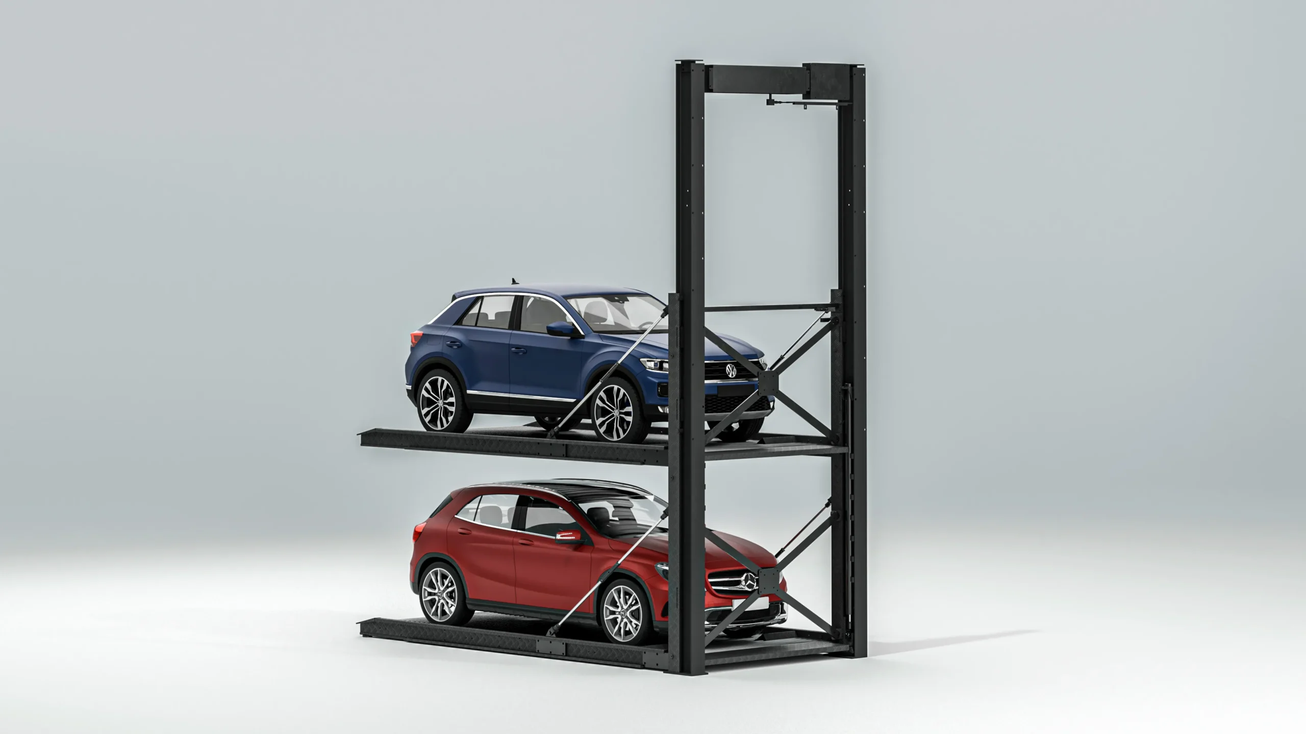 Cantilever pit car parking lift with SUVs, side view of two-level automated cantilever parking system