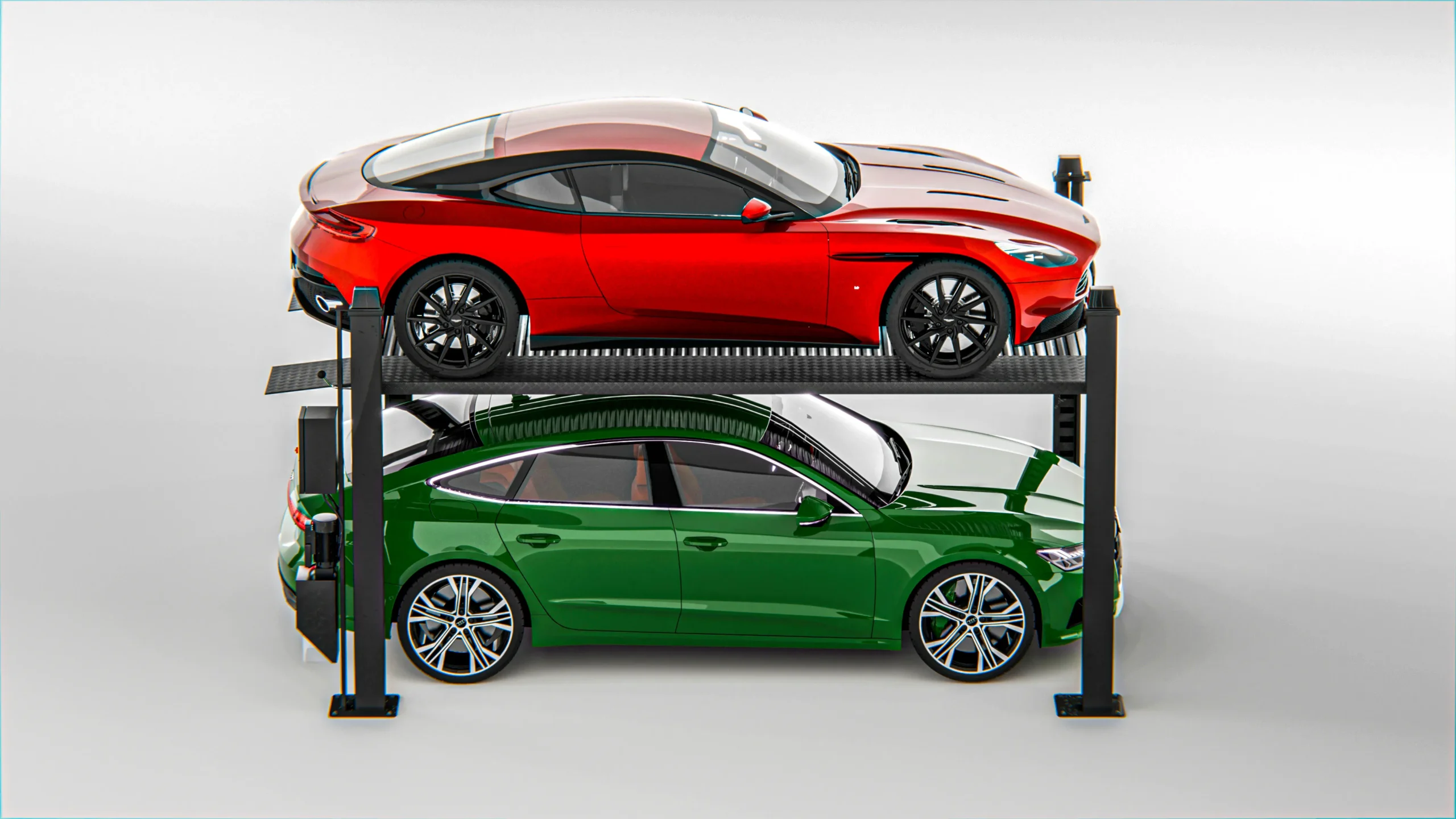 Four post car parking lift with luxury cars, side view of four-post automated car parking system