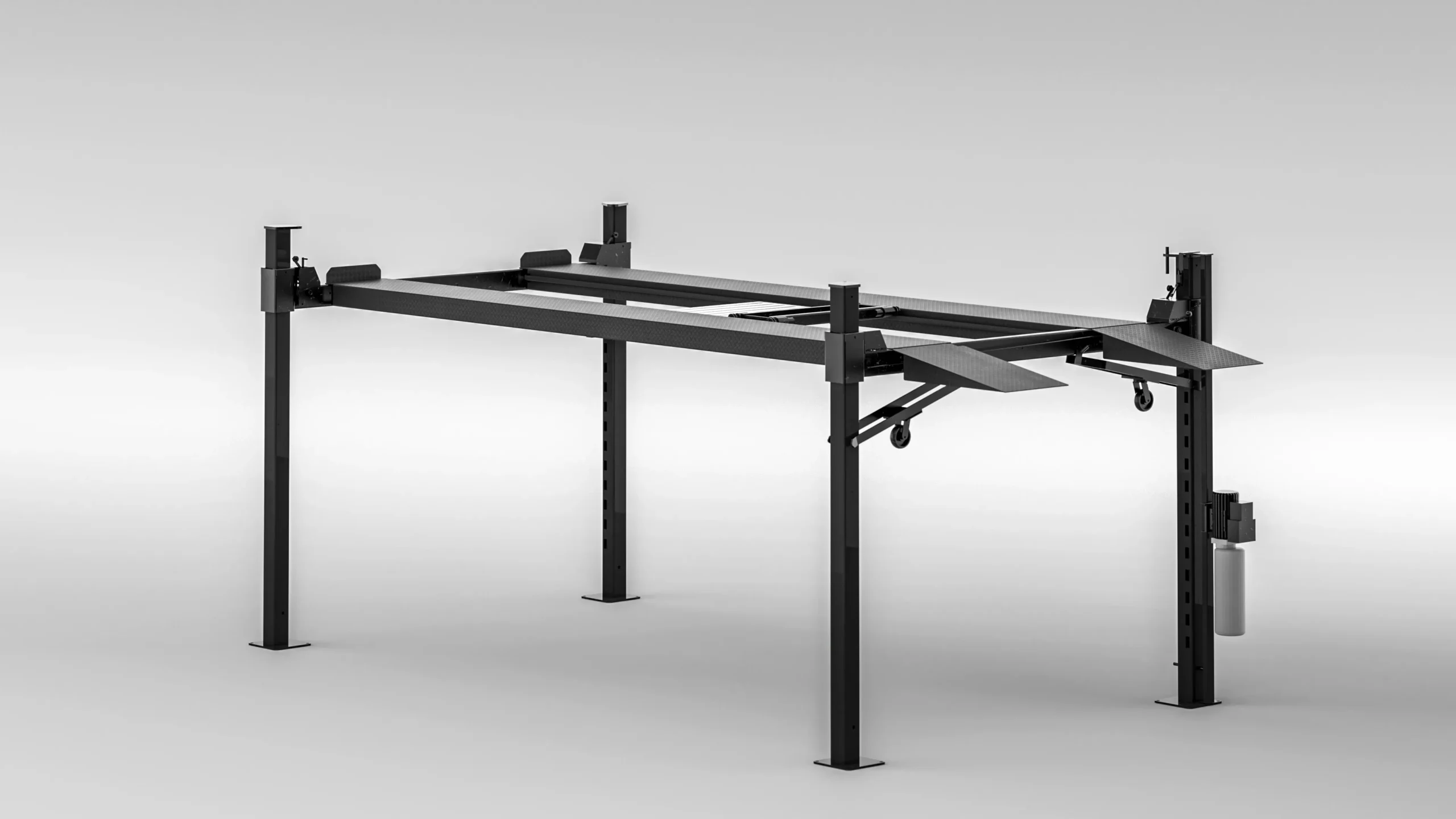Four post heavy duty parking lift empty frame, front angle view of black steel heavy-duty car parking lift