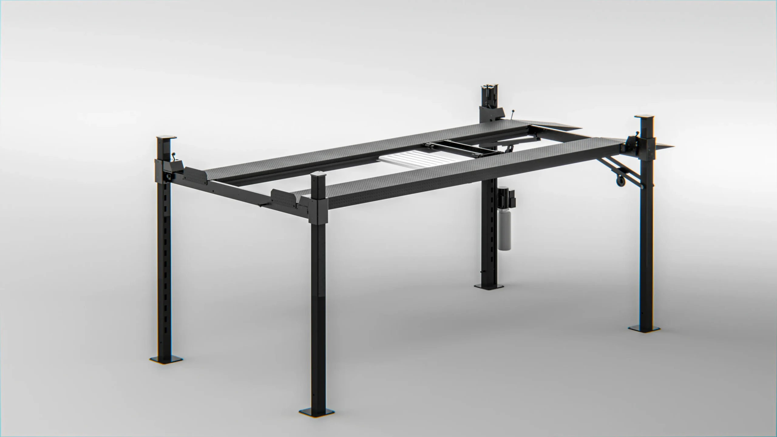 Four post heavy duty parking lift empty frame, front-side view of black steel heavy-duty car parking mechanism