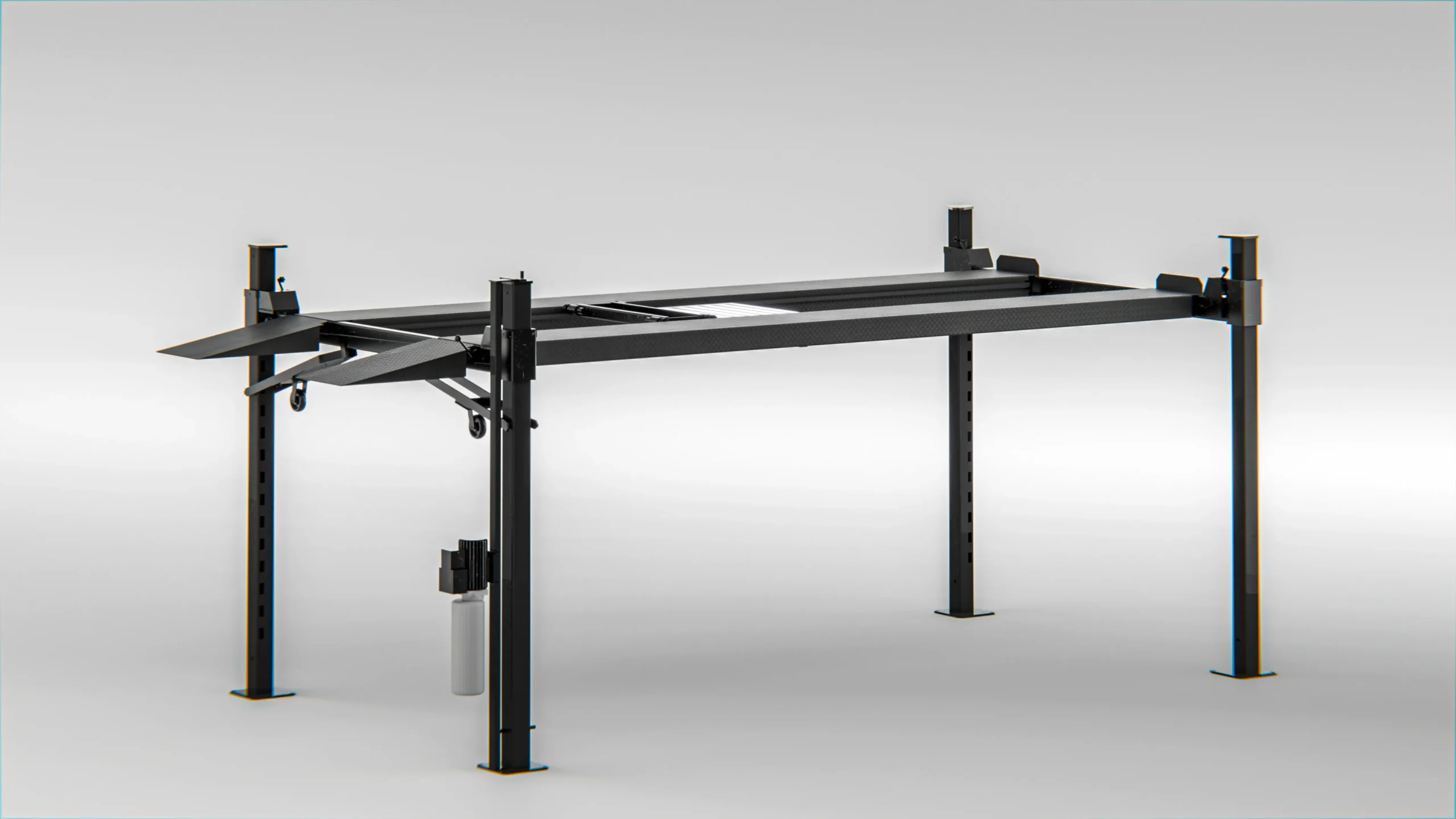 Four post heavy duty parking lift empty frame, side angle view of black steel heavy-duty car parking equipment
