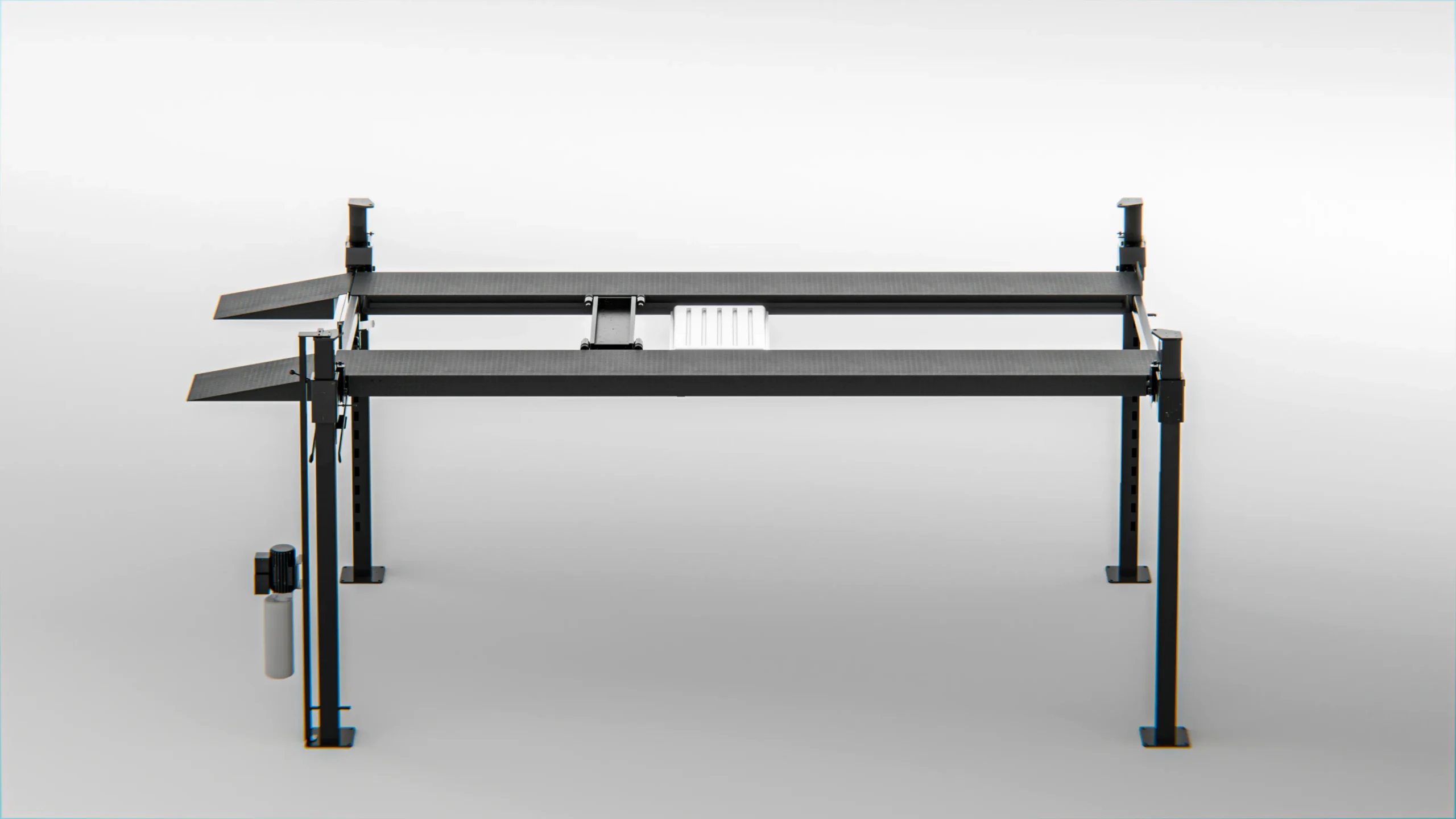 Four post heavy duty parking lift empty frame, side view of black steel heavy-duty car parking structure