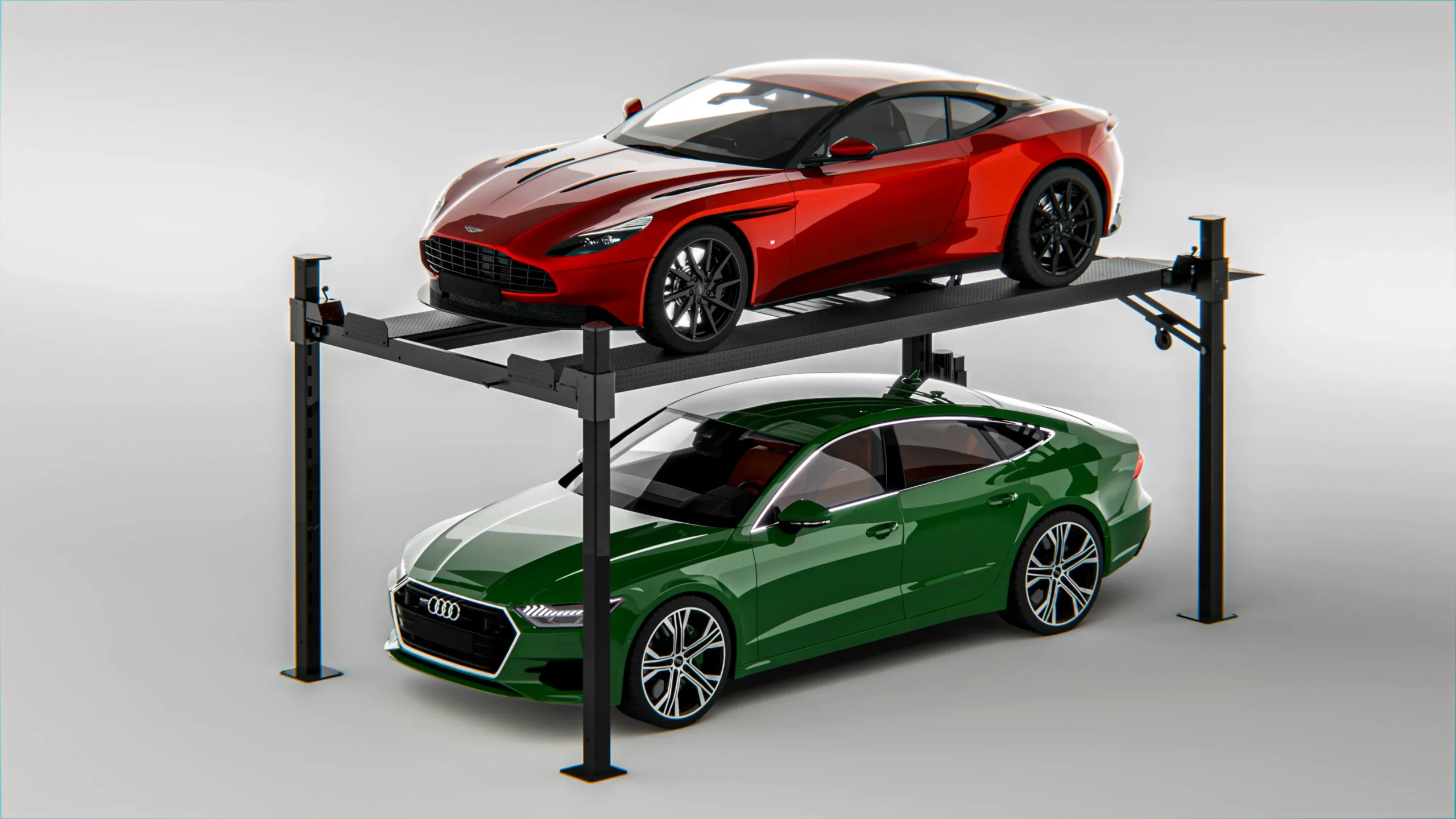 Four post heavy duty parking lift with luxury cars, front angle view of heavy-duty automated car parking structure