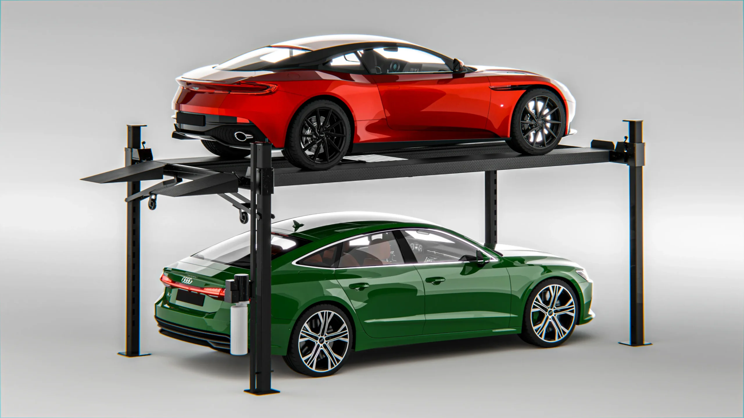 Four post heavy duty parking lift with luxury cars, front view of heavy-duty automated car parking solution