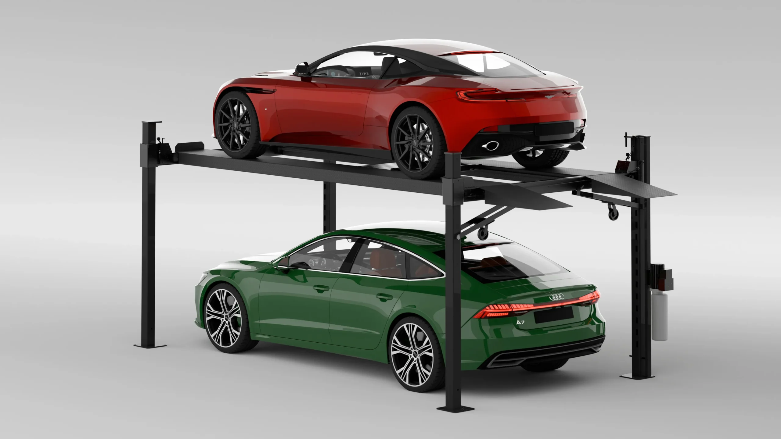 Four post heavy duty parking lift with luxury cars, rear view of heavy-duty automated car parking system