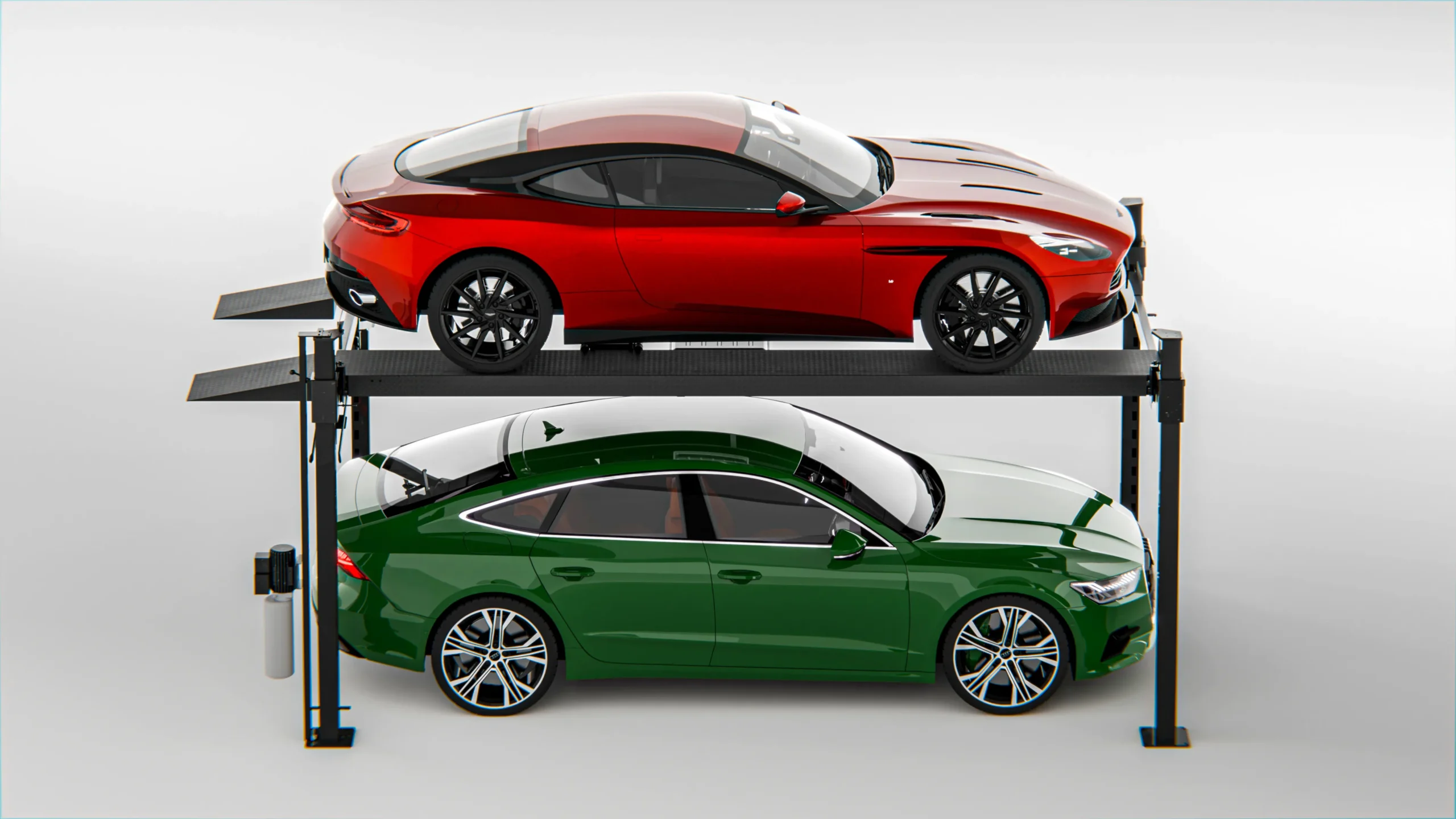 Four post heavy duty parking lift with luxury cars, side view of heavy-duty automated car parking system