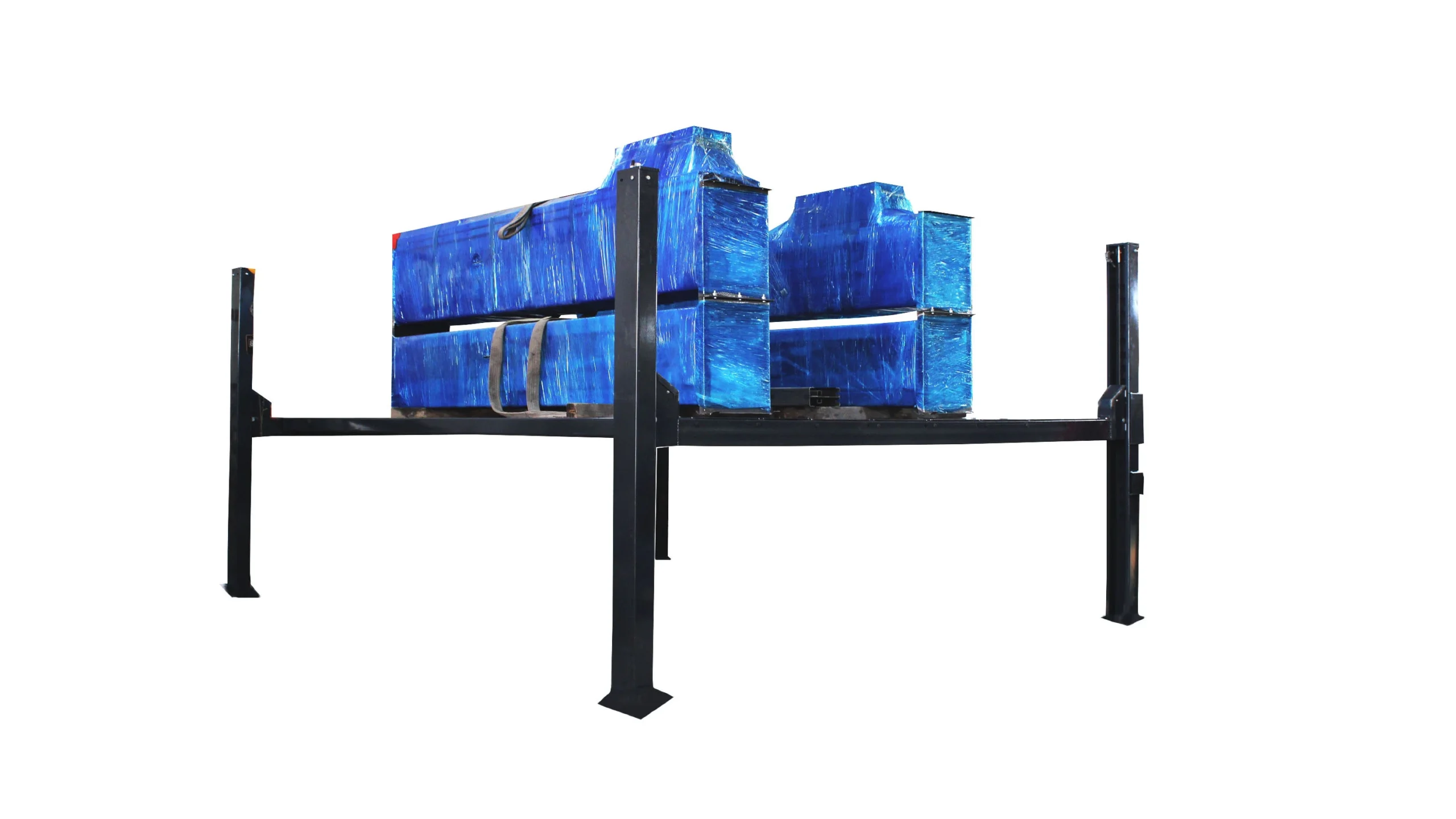 Double wide four-post parking lift with components wrapped in blue protective film, ready for shipping or installation