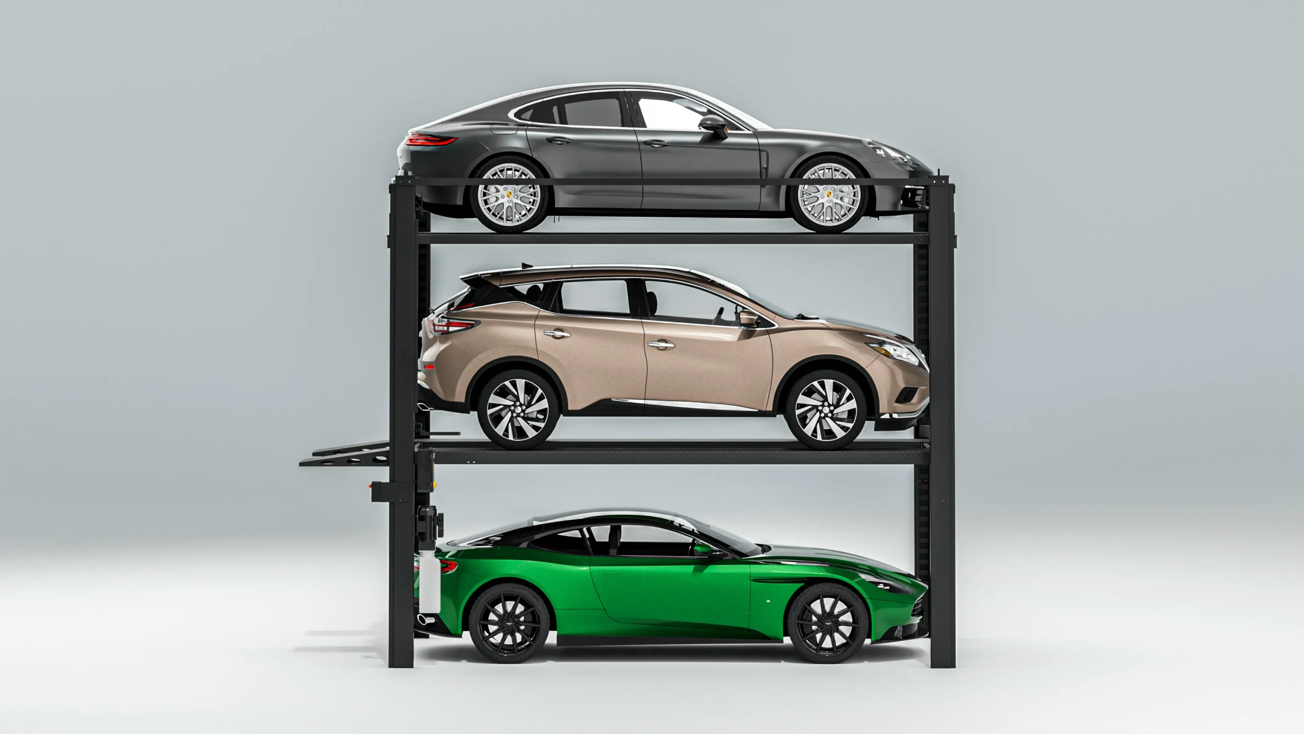 Four post triple stacker parking lift with luxury cars, side view of triple-level automated car parking system