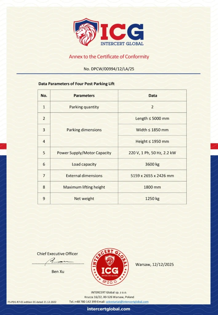 Qingdao Shin Innovation Technology Co.,Ltd. Two Post Parking Lift Annex Certificate, Technical Data Sheet
