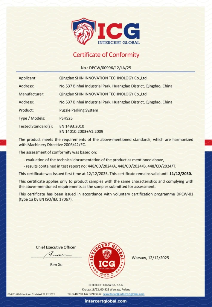 Qingdao Shin Innovation Technology Co.,Ltd. Puzzle Parking System Certificate of Conformity, ICG CE Certification