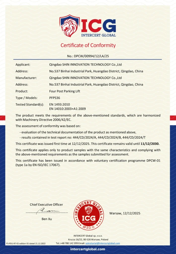 Qingdao Shin Innovation Technology Co.,Ltd. Two Post Parking Lift Annex Certificate, Technical Data Sheet