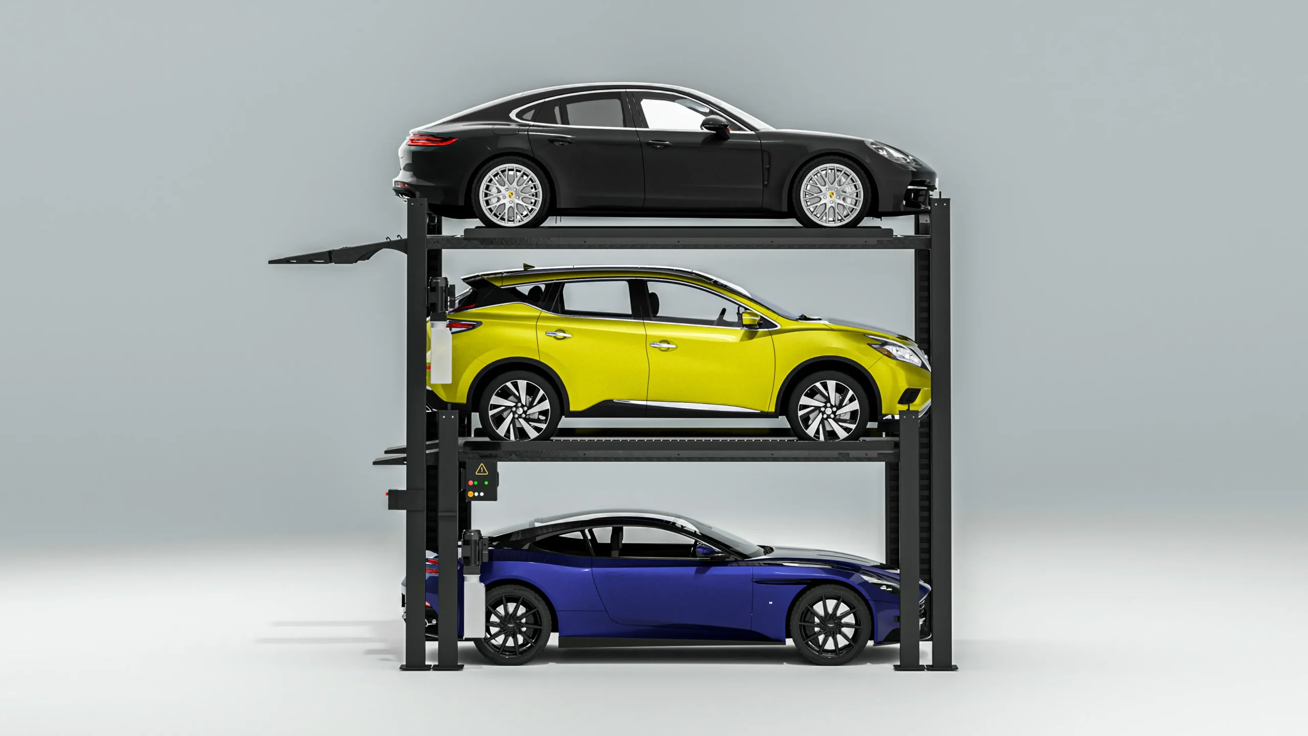 Triple stacker parking lift PEP with luxury cars, side view of triple-level automated car parking system