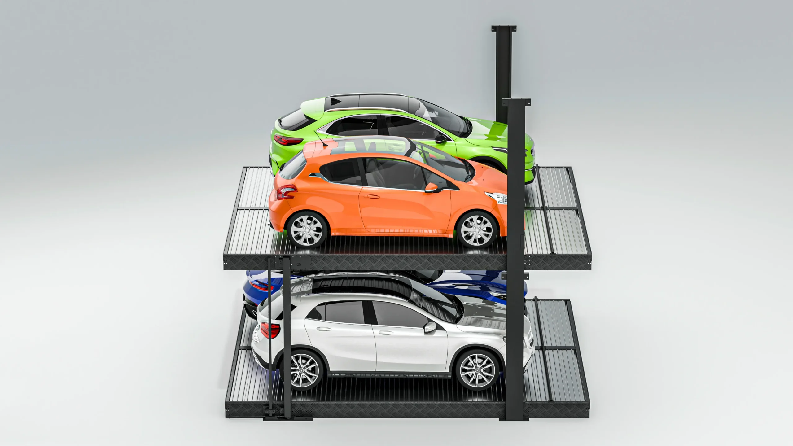 Underground 2 post parking lift D with compact cars, side view of two-level automated underground parking system