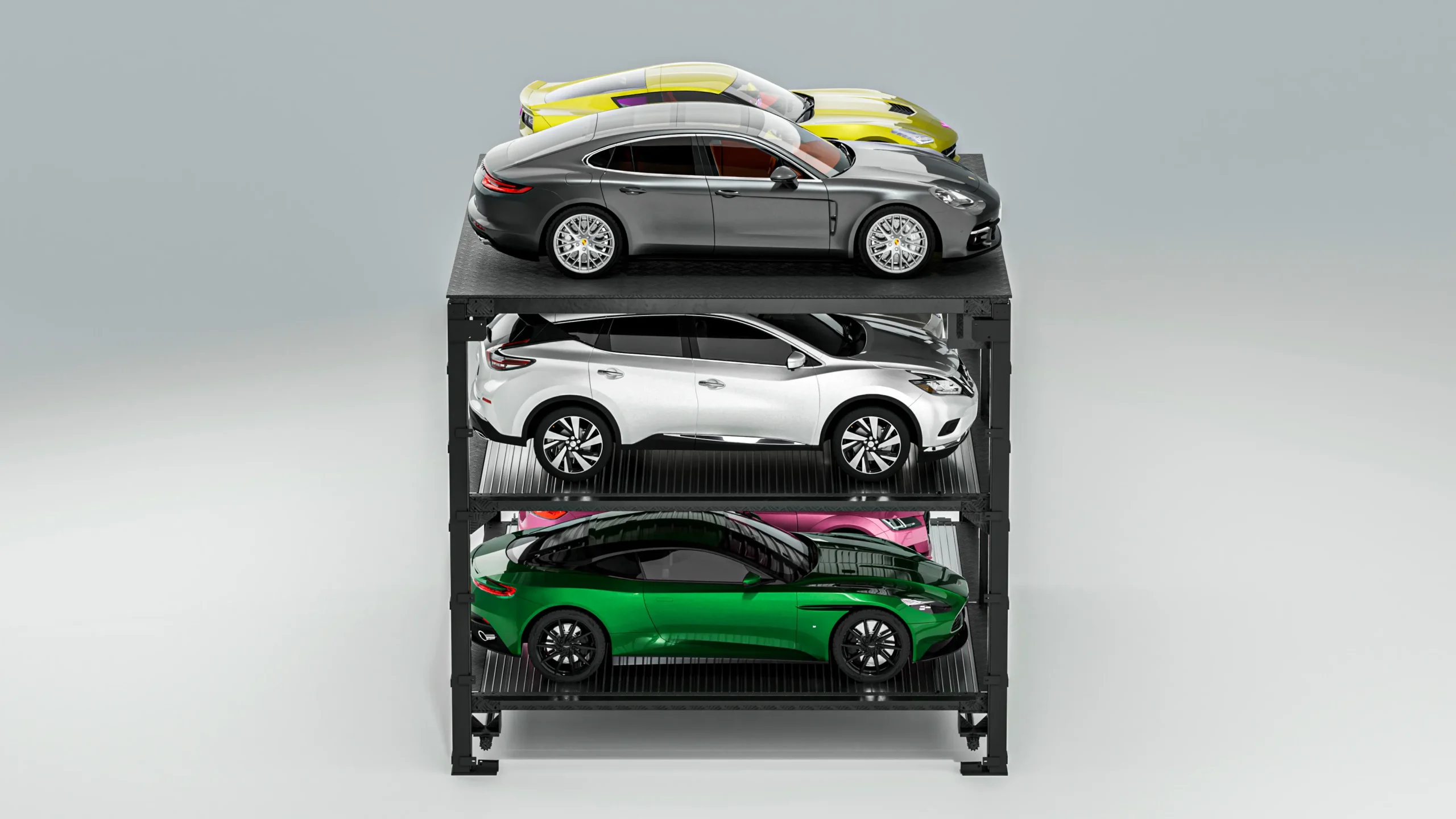 Underground parking lift D with luxury cars, side view of three-level automated underground parking system