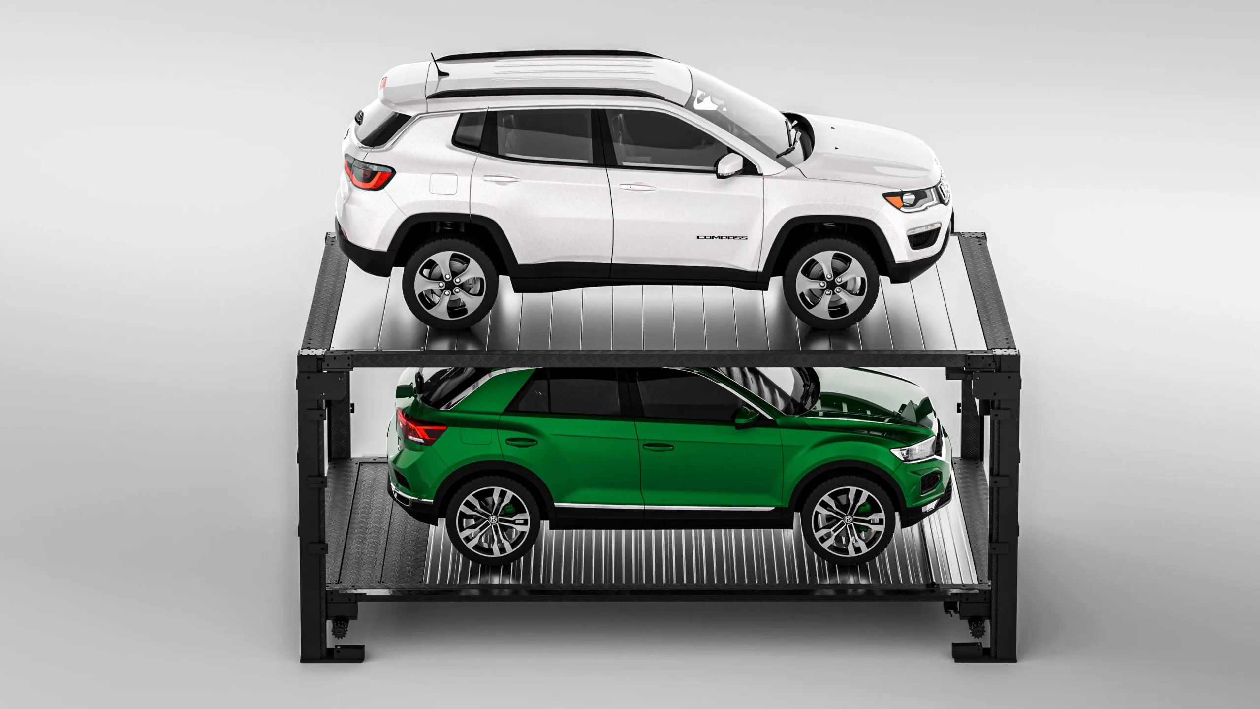 Underground parking lift with SUVs, side view of two-level automated underground parking system