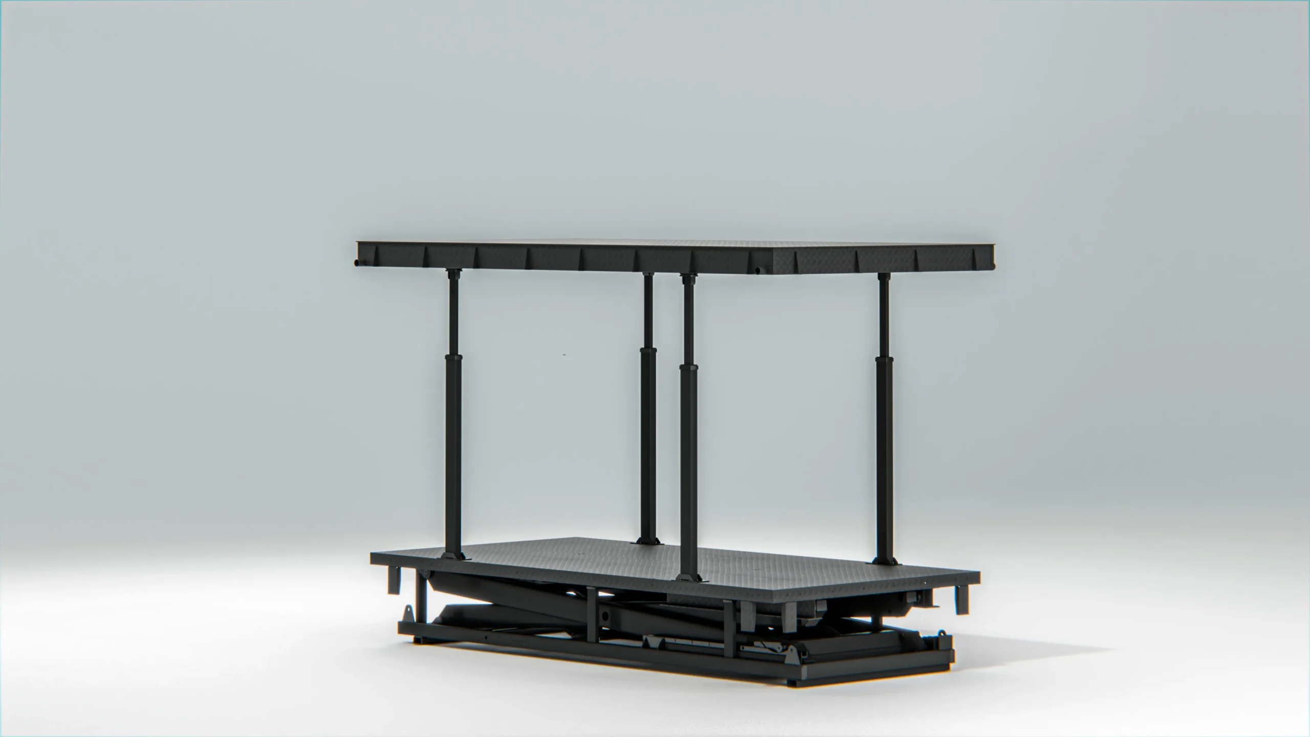 Underground scissor parking lift empty frame, front angle view of black steel scissor parking mechanism