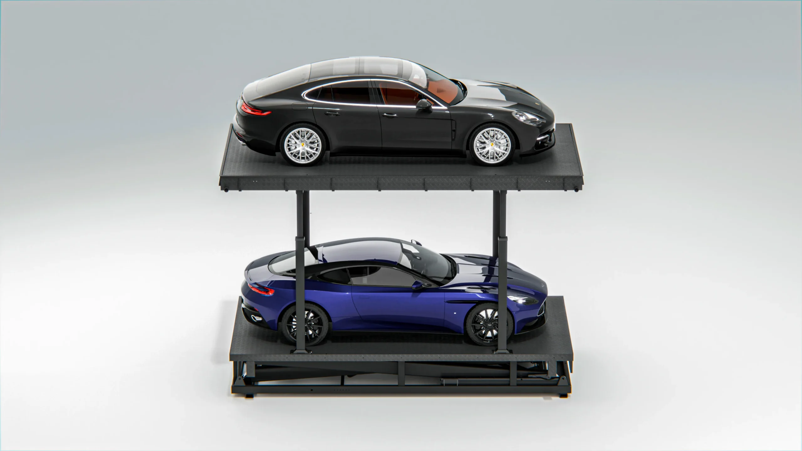 Underground scissor parking lift with luxury cars, front view of two-level automated underground parking system