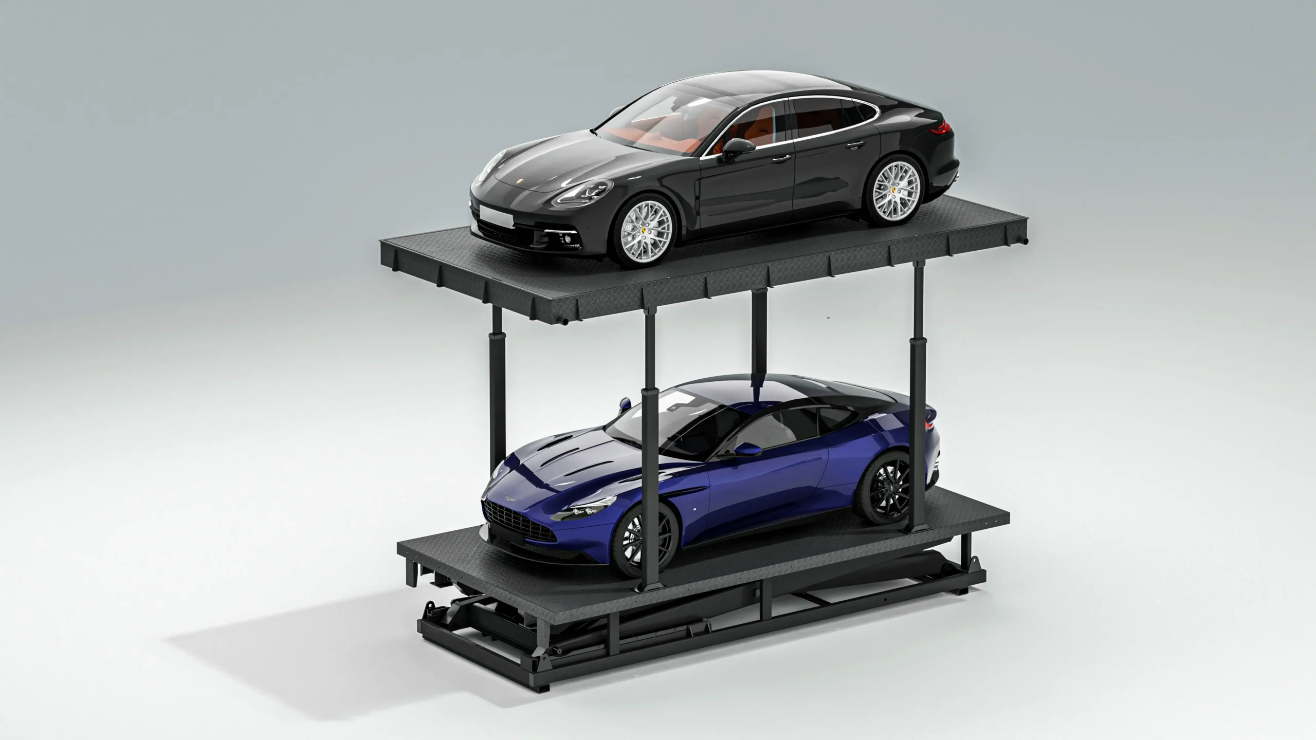 Underground scissor parking lift with luxury cars, front view of two-level automated underground parking solution