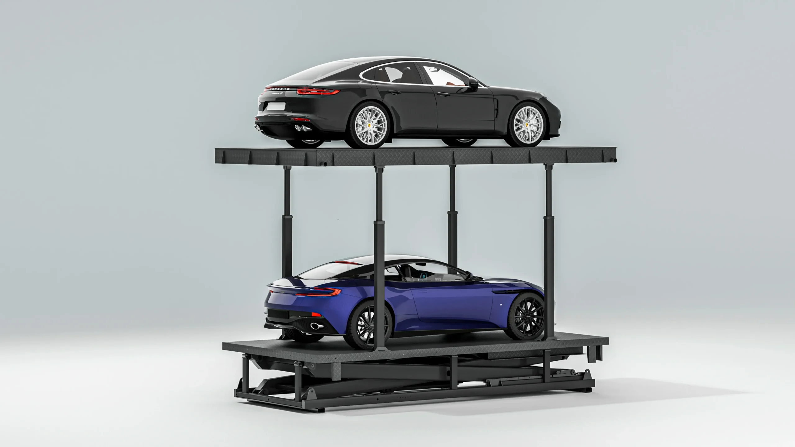Underground scissor parking lift with luxury cars, rear view of two-level automated underground parking system