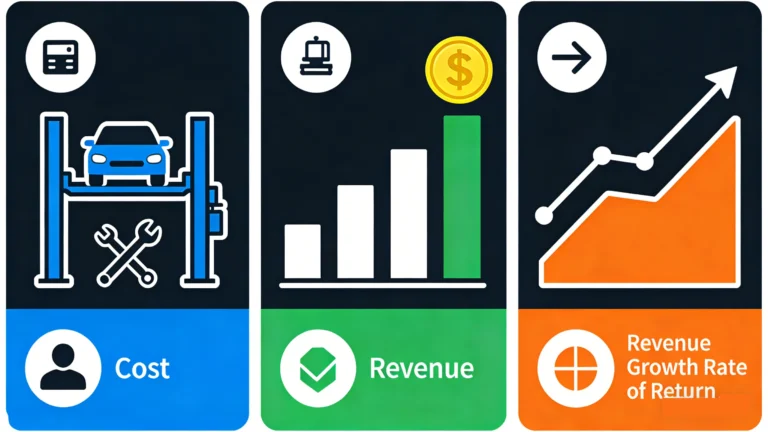 Car parking lift business metrics infographic: three-panel visual showing cost, revenue, and revenue growth rate of return for automated parking lift systems, with icons of vehicle lift, bar chart, and growth graph.
