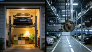Residential car parking lift: two-post home car elevator elevating a sedan in a garage, showing compact vertical parking solution for home use