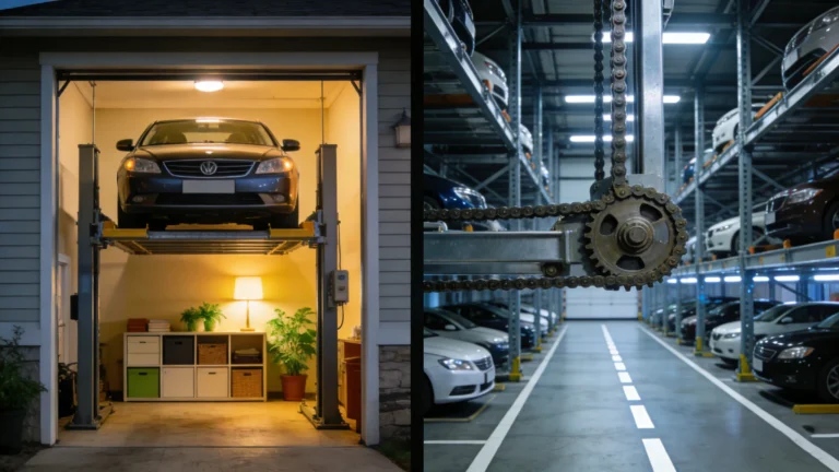 Residential car parking lift: two-post home car elevator elevating a sedan in a garage, showing compact vertical parking solution for home use
