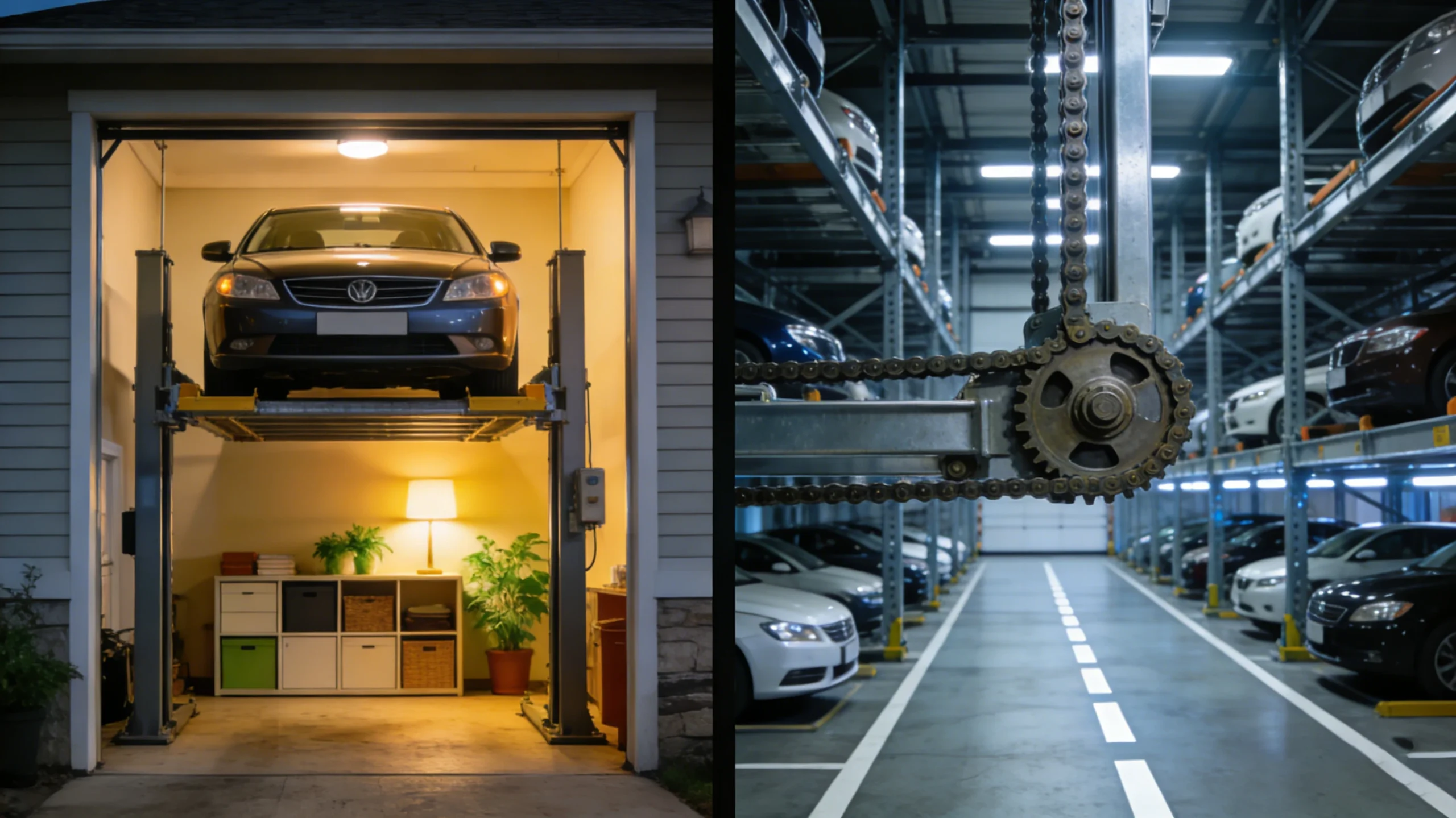 Residential car parking lift: two-post home car elevator elevating a sedan in a garage, showing compact vertical parking solution for home use