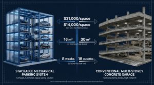 Stackable mechanical parking system vs multi-storey concrete garage: cost, footprint and construction time comparison