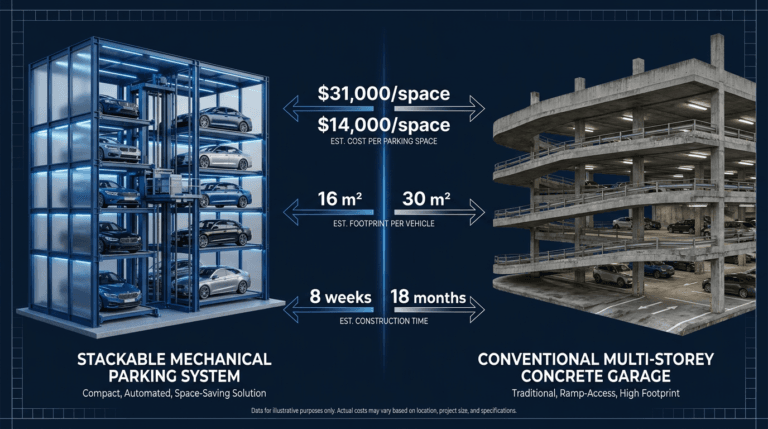 Stackable mechanical parking system vs multi-storey concrete garage: cost, footprint and construction time comparison