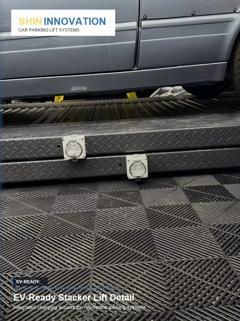Residential EV-ready car stacker lift with integrated charging access by ShinInnovation