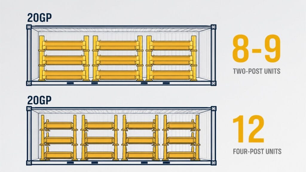 Container loading density comparison: 8-9 two-post units vs 12 four-post units per 20GP