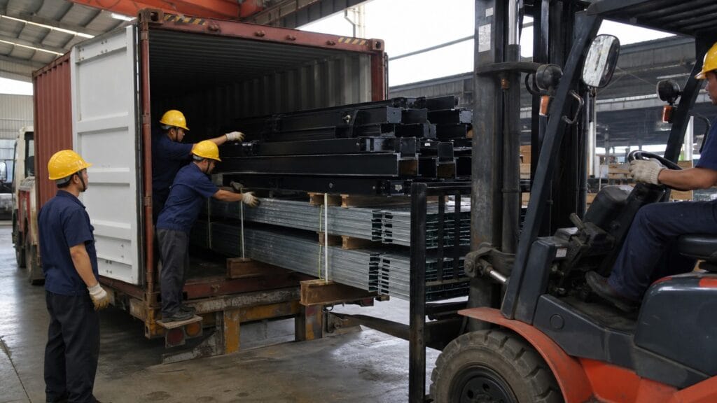 Workers loading disassembled car parking lift components into a 20GP shipping container
