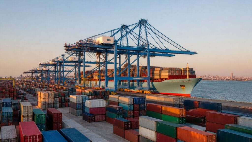 Qingdao container port loading vessels for parking lift export shipments